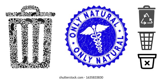 Epidemic mosaic trash bin icon and round corroded stamp seal with Only Natural phrase and clinic icon. Mosaic vector is formed with trash bin pictogram and with randomized epidemic icons.