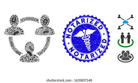 Epidemic mosaic trust circle icon and round grunge stamp watermark with Notarized phrase and clinic icon. Mosaic vector is designed with trust circle pictogram and with random infectious objects.