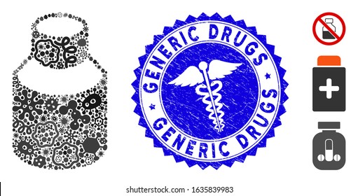 Epidemic mosaic vial icon and rounded rubber stamp watermark with Generic Drugs phrase and medical icon. Mosaic vector is created with vial pictogram and with randomized microbe icons.