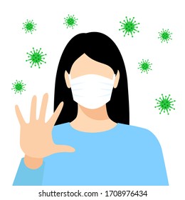 Epidemic outbreak. Young women wearing mask and showing STOP gesture on the white background.