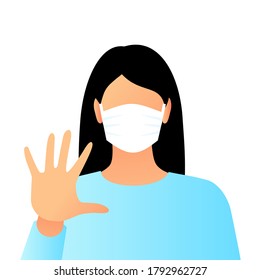 Epidemic outbreak. Young women wearing mask and showing STOP gesture on the white background.