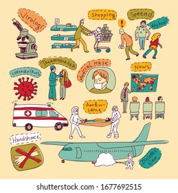 Epidemic pandemic doodles virus scene people set