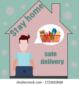 Epidemic, pandemic of an outbreak of the COVID-19 virus. Self-isolation. Man orders Safe food delivery to home.
People stay at home. Coronavirus quarantine preventive measures. Vector. Trend