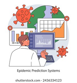 Concepto de sistemas de predicción de epidemias. Utilización de análisis de datos para la previsión de brotes. Mejorar las respuestas de salud global con modelos predictivos. Avance de vigilancia epidémica. Vector plano