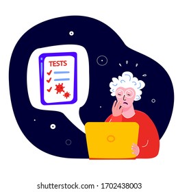Epidemic Quarantine Isolation.Worried Scared Shocked Old Pensioner.Stressed Woman Grandparent Receive Positive Coronavirus Tests Results.Internet Laptop.Psychological Support Service.Flat Vector Illus