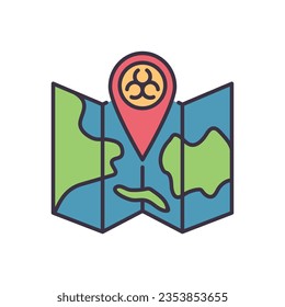 Epidemic related vector icon. Biohazard positioning mark on map. Epidemic sign. Isolated on white background. Editable vector illustration