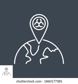 Epidemic related vector thin line icon. Biohazard positioning mark on globe. Isolated on black background. Editable stroke. Vector illustration.