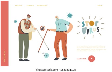 Epidemic Safety Landing Page Template. Aged Friends Non-contact Greet during Coronavirus. Senior Male Characters Wearing Mask Greeting with Hitting Walking Canes. Linear People Vector Illustration