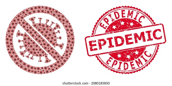 Epidemic kratzte rund Robbe und Vektorrekursive Collage stoppen Coronavirus. Rotes Siegel hat Epidemic-Caption im Inneren. Vektorgrafik-Kollektion ist für die Wiederholung von Stopp-Coronavirus-Elementen konzipiert.