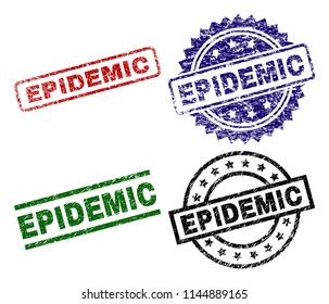 EPIDEMIC seal prints with distress surface. Black, green,red,blue vector rubber prints of EPIDEMIC text with corroded surface. Rubber seals with round, rectangle, medallion shapes.