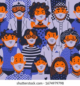 Epidemic seamless pattern. Novel coronavirus covid-19, people in medical face masks. Spread of the virus, pandemic. Vector flat style illustration