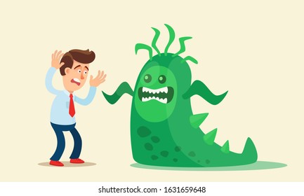 Epidemic of viral disease. The big virus monster attacks a shocked and scared person. Attack of virus. Big green toothy creature of virus. Vector illustration, flat design cartoon style, isolated.