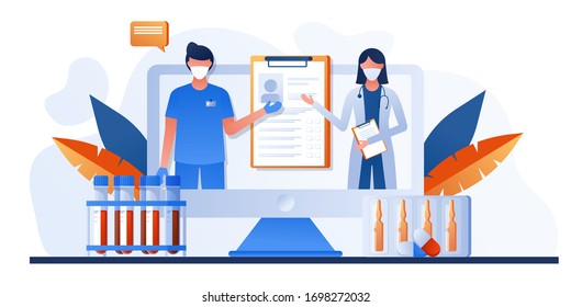 Epidemic virus 2019-nCoV.  Doctors wearing mask and talking about corona outbreak. Prevent virus spreading. Viral pandemic. Online doctor on computer screen talking Medical care, telemedicine