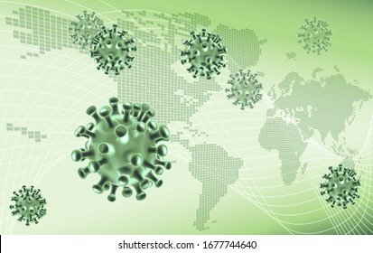 An epidemic virus world map concept with stylised virus cells like corona virus molecules. Symbolising a disease spreading across the globe