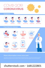 Epidemiological coronavirus informational poster: symptoms, prevention, contagion. Vector. Cartoon flat illustration.