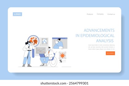 Epidemiological Research concept. Scientists analyze data on disease spread, discussing and assessing statistics. Health study and data visualization. Vector illustration.