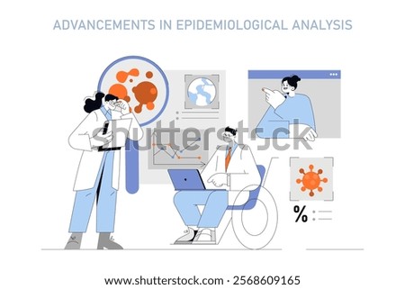 Epidemiological Research concept. Scientists analyze data on diseases, using statistics and global information. Modern healthcare investigation scene. Vector illustration.