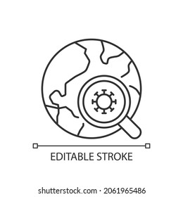 Epidemiological trials linear icon. Disease outbreak investigation. Control health problems. Thin line customizable illustration. Contour symbol. Vector isolated outline drawing. Editable stroke