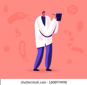 Epidemiologist Scientist Wear White Robe Writing at Clip Board on Pink Background with Viruses, Microbes and Bacteria Randomly Flying around. Pandemic Illness Concept. Cartoon Flat Vector Illustration