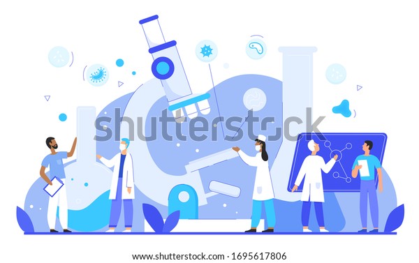 Epidemiologists research pathogens in medicine\
laboratory flat character vector illustration. Epidemiology concept\
with scientists, microscope, flasks, microbes, viruses. Science\
research web\
template