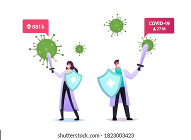 Concepto de Epidemiología. Pequeños caracteres médicos en la rotura médica, la mascara contiene un enorme escudo y la espada que protegen las células de virus de Covid. Prevención y protección de infecciones. Ilustración de vectores de personas de caricatura