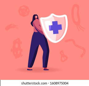 Epidemiology Concept. Woman Hold Shield with Cross Sign. Health Danger Risk Spread. Sanitary Condition Prevention and Virus Protection Microscopic Bacteria Infection. Cartoon Flat Vector Illustration