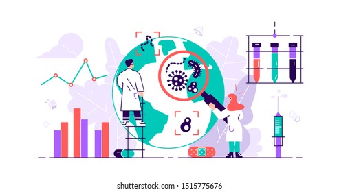 Epidemiology. Health danger risk spread laboratory. Tiny bacteria pandemic outbreak research.Sanitary condition prevention and virus microscopic bacteria infection protection. Flat vector illustration