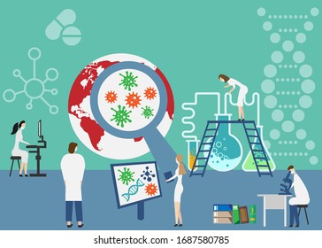 Epidemiology. Health Danger Risk Spread Laboratory. Tiny Bacteria Pandemic Outbreak Research.Vector Illustration. Eps 10.