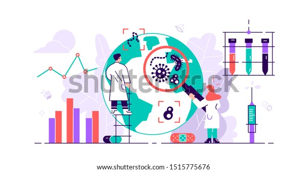 Epidemiology. Health danger risk spread\
laboratory. Tiny bacteria pandemic outbreak research.Sanitary\
condition prevention and virus microscopic bacteria infection\
protection. Flat vector\
illustration
