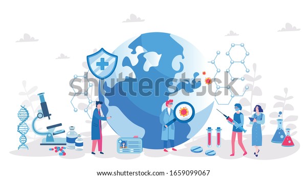 Epidemiology. Health danger risk spread\
laboratory.  Vector illustration for web banner, infographics,\
mobile. Bacteria pandemic outbreak research. Sanitary condition\
prevention. Virus on the\
planet.