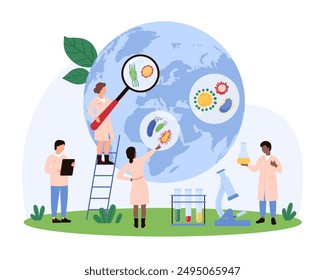 Epidemiology research, global pandemic risk. Tiny people with magnifying glass study microbes and pathogens spread on world map, test water sample in laboratory for danger cartoon vector illustration