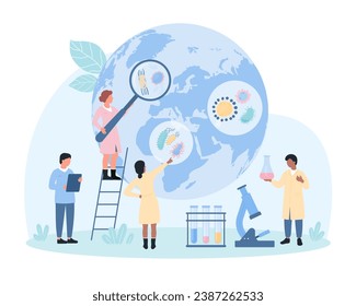 Epidemiology, research methods of disease prevention vector illustration. Cartoon tiny people with magnifying glass study viruses and bacterias, microscopic organisms in water on globe of Earth