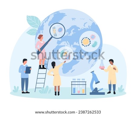 Epidemiology, research methods of disease prevention vector illustration. Cartoon tiny people with magnifying glass study viruses and bacterias, microscopic organisms in water on globe of Earth