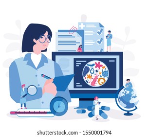 Epidemiology, Tiny Bacteria Pandemic Outbreak Research Vector Illustration. Virus Cell, Microorganism Disease Infectionю Health Danger Risk Spread Laboratory. 