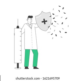 Epidemiology and Vaccination Concept. Doctor Hold Huge Syringe and Shield with Cross Sign Protecting of Bacteria. Prevention and Protection Virus Infection. Cartoon Flat Vector Illustration, Line Art