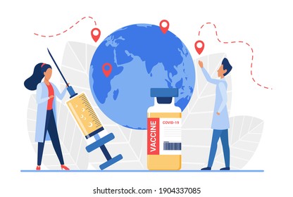 Epidemiology, vaccination concept vector illustration. Cartoon doctor people research virus pandemic outbreak location on map, epidemic health danger risk spread coronavirus disease isolated on white