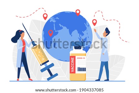 Epidemiology, vaccination concept vector illustration. Cartoon doctor people research virus pandemic outbreak location on map, epidemic health danger risk spread coronavirus disease isolated on white