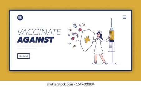 Epidemiology and Vaccination Website Landing Page. Doctor Hold Syringe and Shield with Cross Sign Protecting of Bacteria and Virus Infection Web Page Banner. Cartoon Flat Vector Illustration, Line Art