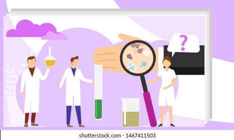 Epidemiology vector illustration. Biologists examine the human hand for the presence of bacteria. Vector illustration.Flat tiny bacteria pandemic outbreak research.  