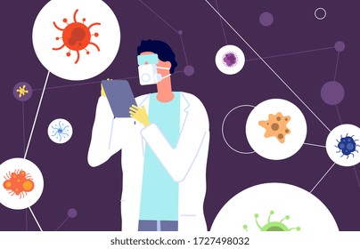 Epidemiologie. Virologe in Schutzanzügen untersucht Viren und Coronaviren. Flachmediziner, Labor- und Impfstoffentwicklung. Mensch in Vektorgrafik