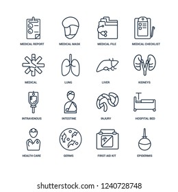 Epidermis, First aid kit, Germs, Health care, Hospital bed, Medical Report, Medical, Intravenous, Liver outline vector icons from 16 set