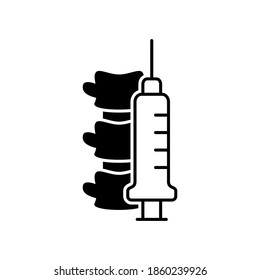 Epidural or Spinal anesthesia. Outline icon of spine and syringe. Black simple illustration of medical injection into nerve. Cutout silhouette isolated vector pictogram on white background