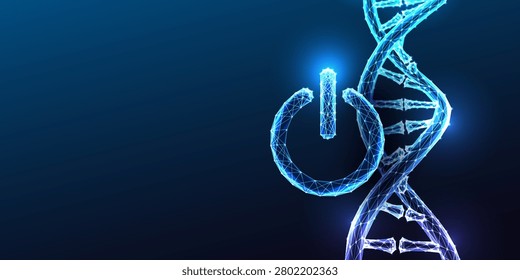 Epigenetics and gene activation concept, cellular vitality research. DNA double helix and power button symbol, gene switching, chromatin activation, biological energy switch. Glowing blue neon vector 