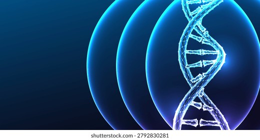 Epigenetics and gene regulation concept with chromatin biology research. DNA double helix with concentric epigenetic rings, methylation, histone modification, gene silencing. Blue vector illustration.
