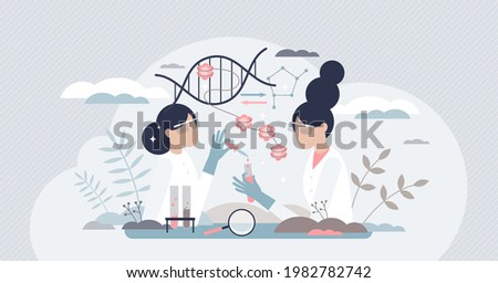 Epigenetics research and study of DNA gene expression tiny person concept. Work scene with phenotype changes experiment in microbiology lab vector illustration. Genetic sequence science and knowledge.