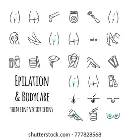 Epilation and bodycare thin line icons set for your design