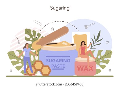 Concepto de epilación. Método de eliminación del pelo. Idea de cuidado de la piel y belleza corporal. Sacación de pelo azucarado. Ilustración vectorial aislada