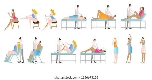 Epilation and depilation vector illustration collection. Woman in beauty saloon sitting, lying, or standing to shave legs, armpits or eyebrows. Cosmetic procedure for personal hygiene and smooth skin.