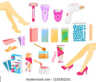 Epilation and hair removal tools. Epilator, wax, razor, stripes, cream and other methods. Colorful vector icons