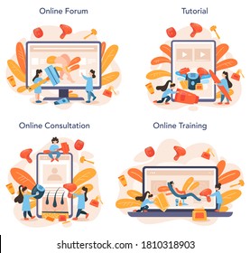 Epilation online service o conjunto de plataformas. Idea de métodos de eliminación del cabello. Idea de cuidado y belleza de cuerpo y piel. Consulta en línea, foro, tutorial, formación. Ilustración vectorial aislada